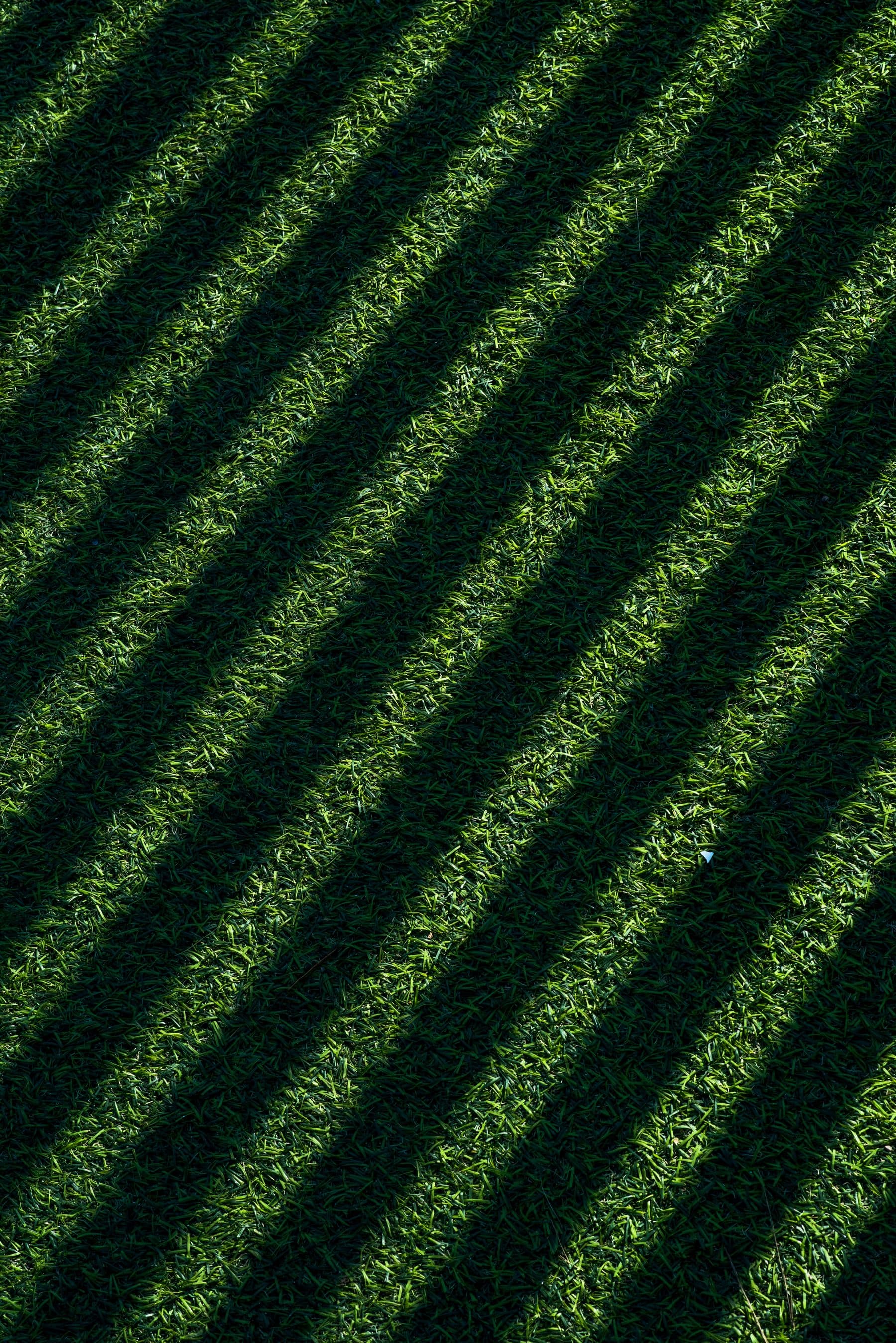 Freshly striped turf in alternating diagonal passes, seen from above